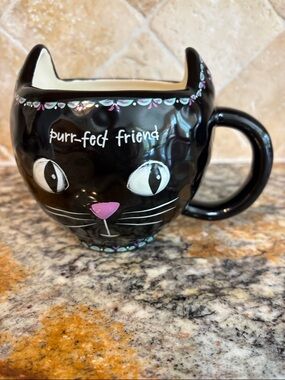 Natural Life Black "Purr-fect Friend" Cute Ceramic Cat Face Mug